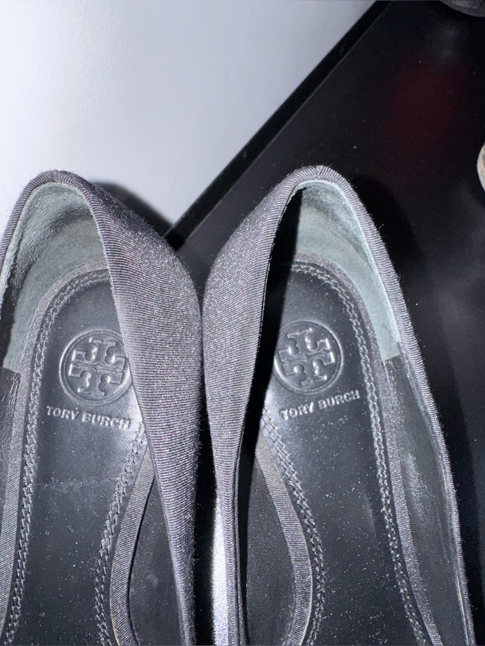 Tory Burch Black Pointed Toe Logo Flats with Embellished T Detail - Picture 2 of 7